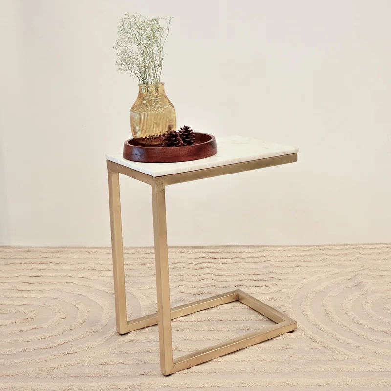 Home Carving Iron White Marble Rectangular End Table